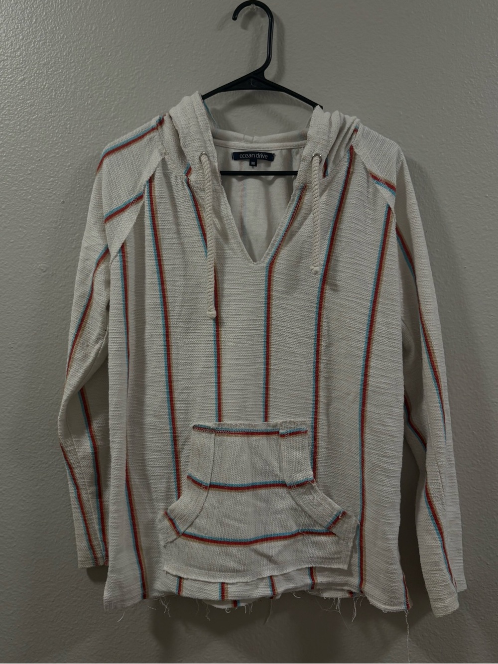 Ocean Drive V-Neck Hoodie Sweater in White with Red & Blue Stripes